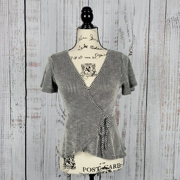 Caution to the Wind Black & White Striped Deep V-Neck Fit & Flare Wrap Blouse - Picture 1 of 6
